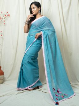 Save As - Jheel Blue Floral Hand Embroidery Saree without Blouse