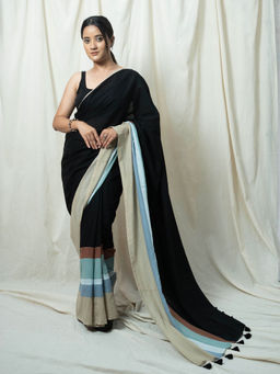Save As - Neer Multi-Color Colorblock Tassels Work Saree without Blouse