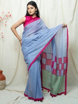 Save As - Saanjh Blue Handloom Hand Embroidery Saree without Blouse