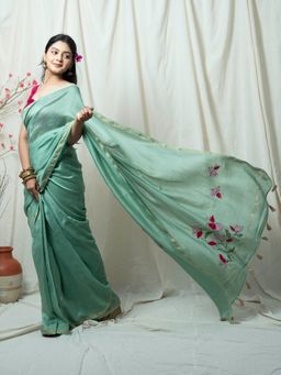 Save As - Seher Sage Green Floral Hand Embroidery Saree without Blouse