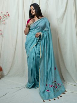 Save As - Siyaali Blue Floral Hand Embroidery Saree without Blouse