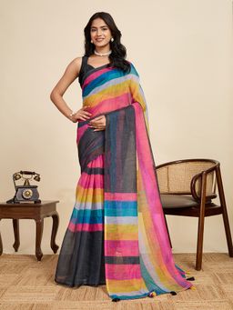 Anjaneya Sarees - Multi-Color Linen Stripes Printed Design Saree with Unstitched Blouse