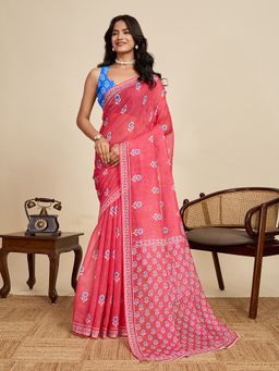Anjaneya Sarees - Pink and Blue Linen Floral Printed Design Saree with Unstitched Blouse