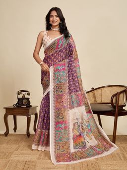 Anjaneya Sarees - Purple Linen Floral Printed Design Saree with Unstitched Blouse