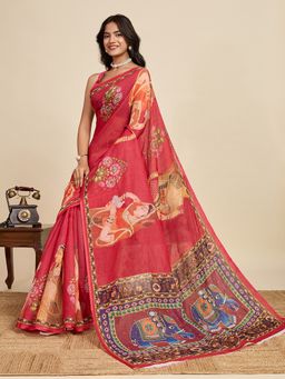 Anjaneya Sarees - Red Linen Red Printed Design Saree with Unstitched Blouse