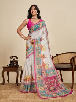 Anjaneya Sarees - White Linen Printed Design Saree with Unstitched Blouse