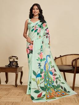 Anjaneya Sarees - Green Silk Floral Printed Design Saree with Unstitched Blouse