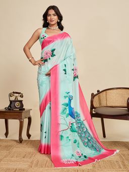 Anjaneya Sarees - Sea Green Silk Floral Printed Design Saree with Unstitched Blouse