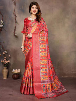 Varanga - Red Cotton Silk Floral Woven Zari Saree with Unstitched Blouse