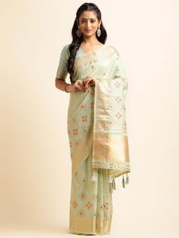 Varanga - Green Ethnic Motifs Embroidered Woven Zari Saree with Unstitched Blouse