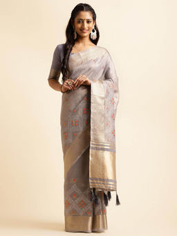 Varanga - Grey Ethnic Motifs Embroidered Woven Zari Saree with Unstitched Blouse