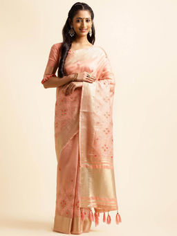 Varanga - Peach Ethnic Motifs Embroidered Woven Zari Saree with Unstitched Blouse