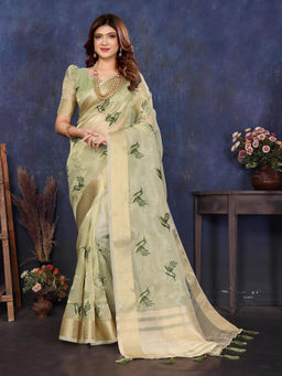 Varanga - Sage Green Woven Zari Embroidered Tissue Saree with Unstitched Blouse