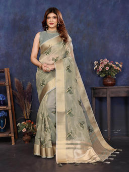 Varanga - Olive Woven Zari Embroidered Tissue Saree with Unstitched Blouse