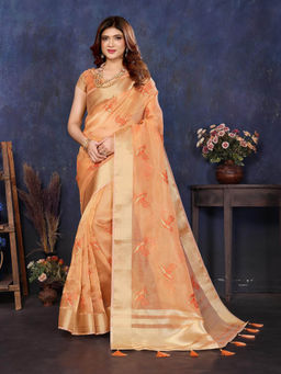 Varanga - Orange Woven Zari Embroidered Tissue Saree with Unstitched Blouse