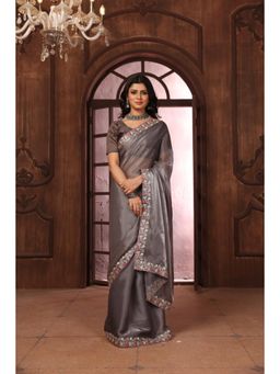 Varanga - Grey Embroidered Sequined Saree with Unstitched Blouse