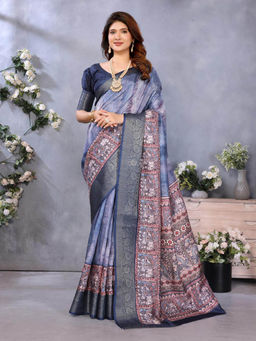 Varanga - Blue Cotton Silk Floral Woven Zari Saree with Unstitched Blouse