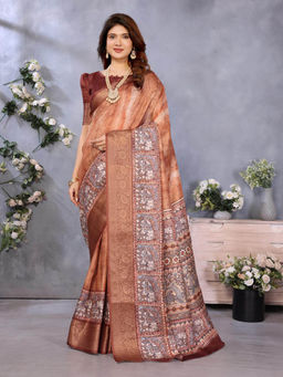 Varanga - Brown Cotton Silk Floral Woven Zari Saree with Unstitched Blouse