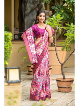 Varanga - Pink Floral Printed Cotton Silk Saree with Unstitched Blouse