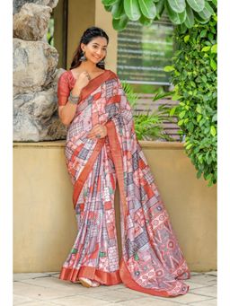 Varanga - Rust Printed Cotton Silk Saree with Unstitched Blouse