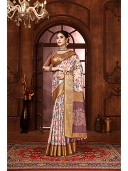 Varanga - Brown Ethnic Motifs Floral Printed Woven Satin Saree with Unstitched Blouse