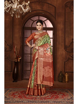 Varanga - Green Floral Woven Design Zari Satin Saree with Unstitched Blouse