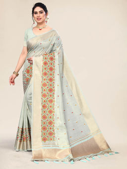 Varanga - Sea Green Zari Woven Embroidered Saree with Unstitched Blouse