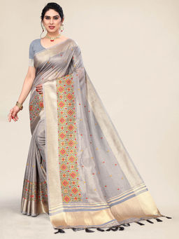 Varanga - Grey Zari Woven Embroidered Saree with Unstitched Blouse