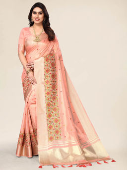 Varanga - Peach Zari Woven Embroidered Saree with Unstitched Blouse