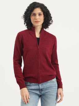 United Colors of Benetton - Maroon High Neck Solid Basic Zipper Cardigan