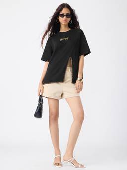 The Souled Store - Karma Women Black Oversized Slit T-Shirt