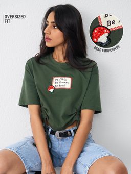 The Souled Store - Be Honest Women Green Oversized Cropped T-Shirt