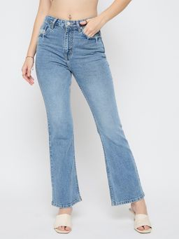 Madame - Stone Wash Flared Light Blue Cotton Blend Jeans