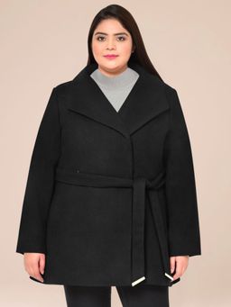Martini - Black Curve Plus Size Wide Collar Wrap Woolen Coat