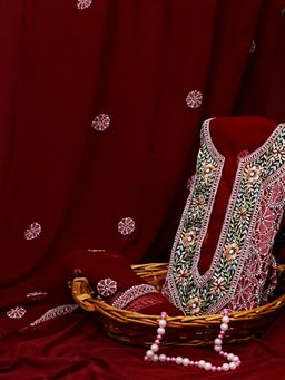 ADA - Hand Embroidered Maroon Georgette Chikankari Parsi Work Unstitched Dress Material (Set of 3)