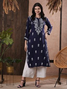 ADA - Hand Embroidered Lucknowi Chikankari Ethnic Motifs Navy Blue Rayon Kurta