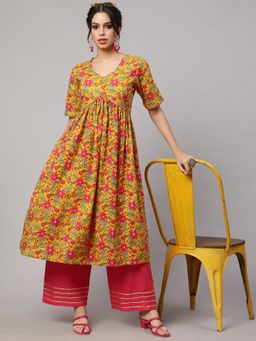 SAK JAIPUR - Women Printed V-Neck Calf Lenth Half Sleeves Flared Kurta with Palazzo (Set of 2)