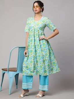 SAK JAIPUR - Women Printed V-Neck Calf Lenth Half Sleeves Flared Kurta with Palazzo (Set of 2)