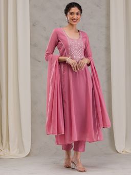 Koskii - Onion Pink Cut Dana Georgette Readymade Kurta with Palazzo & Dupatta (Set of 3)