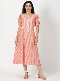 Saffron Threads - Coral Print Midi Dress with Lace Inserts