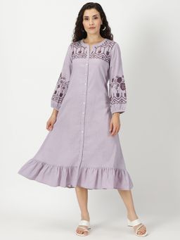 Saffron Threads - Lilac Boho Midi Dress with Embroidered Details