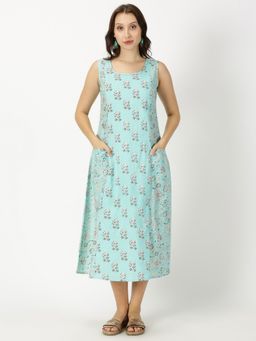 Saffron Threads - Turquoise Blue Floral Print Panelled Midi Dress