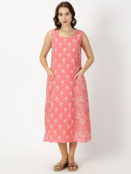 Saffron Threads - Coral Floral Print Panelled Midi Dress