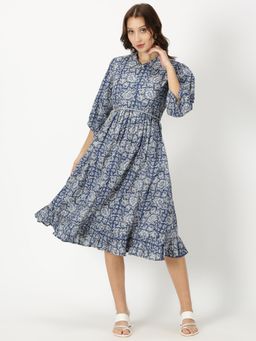 Saffron Threads - Blue Floral Print Boho Midi Dress with Belt (Set of 2)