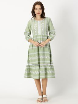Saffron Threads - Pastel Green Boho Embroidered Midi Dress