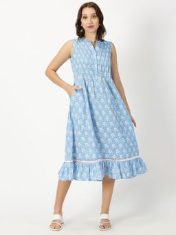 Saffron Threads - Blue Floral Print Midi Dress with Pintuck Detail
