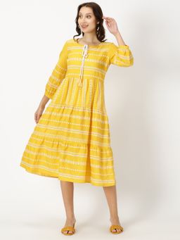Saffron Threads - Yellow Embroidered Tiered Boho Midi Dress
