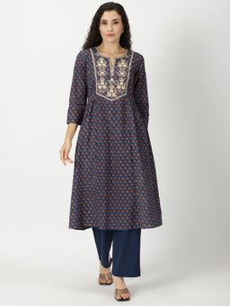 Saffron Threads - Blue Floral Print Kurta with Yoke Embroidery