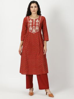 Saffron Threads - Red Floral Print Kurta with Yoke Embroidery
