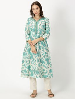 Saffron Threads - Off White Floral Print Kurta with Neck Embroidery